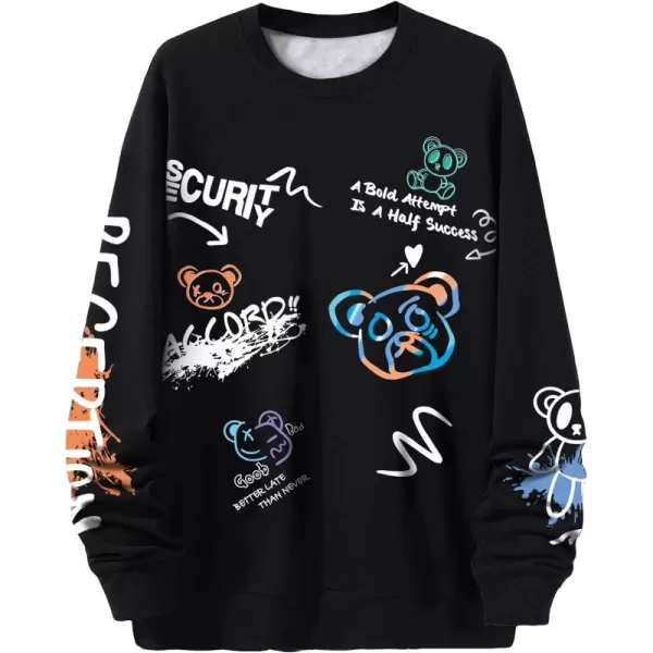 WDIRARA Men's Cartoon Bear Graphic Print Long Sleeve Sweatshirt Round Neck Pullovers