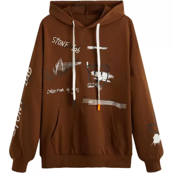 WDIRARA Men's Cartoon Letter Graphic Drawstring Hoodie Long Sleeve Pocket Sweatshirts