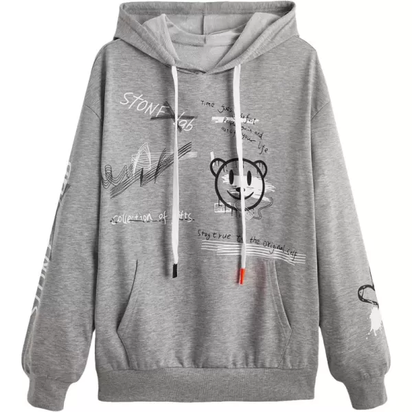 WDIRARA Men's Cartoon Letter Graphic Drawstring Hoodie Long Sleeve Pocket Sweatshirts