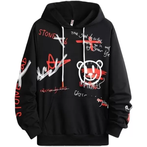 WDIRARA Men's Cartoon Letter Graphic Drawstring Hoodie Long Sleeve Pocket Sweatshirts