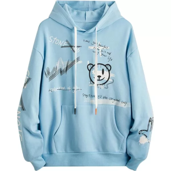 WDIRARA Men's Cartoon Letter Graphic Drawstring Hoodie Long Sleeve Pocket Sweatshirts