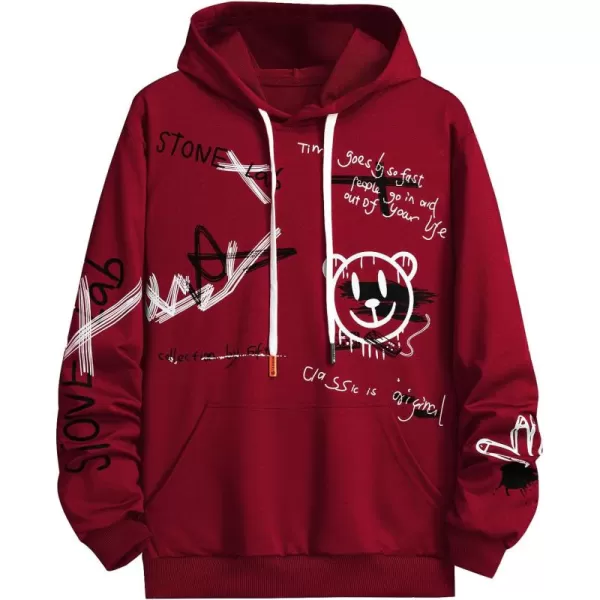 WDIRARA Men's Cartoon Letter Graphic Drawstring Hoodie Long Sleeve Pocket Sweatshirts