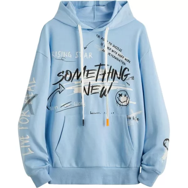 WDIRARA Men's Cartoon Letter Graphic Drawstring Hoodie Long Sleeve Pocket Sweatshirts