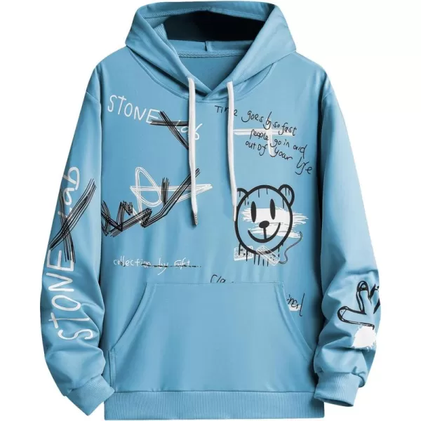 WDIRARA Men's Cartoon Letter Graphic Drawstring Hoodie Long Sleeve Pocket Sweatshirts