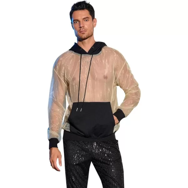 WDIRARA Men's Contrast Mesh Drawstring Long Sleeve Pullover Casual Hoodie Sweatshirts with Pockets