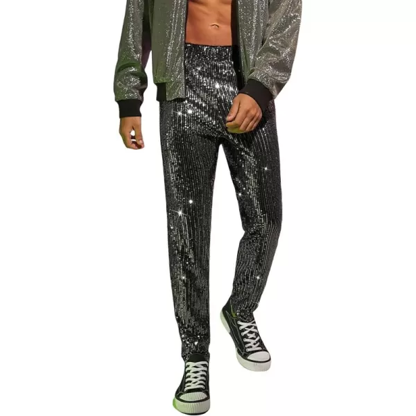 WDIRARA Men's Contrast Sequin Carrot Pants Elastic Waist Skinny Straight Leg Pants
