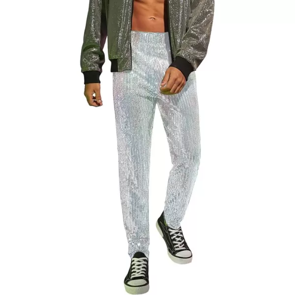 WDIRARA Men's Contrast Sequin Carrot Pants Elastic Waist Skinny Straight Leg Pants