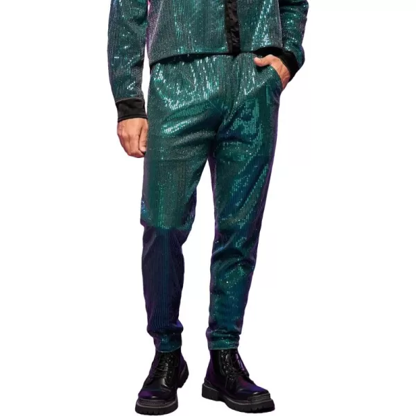 WDIRARA Men's Contrast Sequin Carrot Pants Elastic Waist Skinny Straight Leg Pants