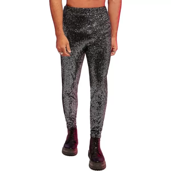 WDIRARA Men's Contrast Sequin Carrot Pants Elastic Waist Skinny Straight Leg Pants