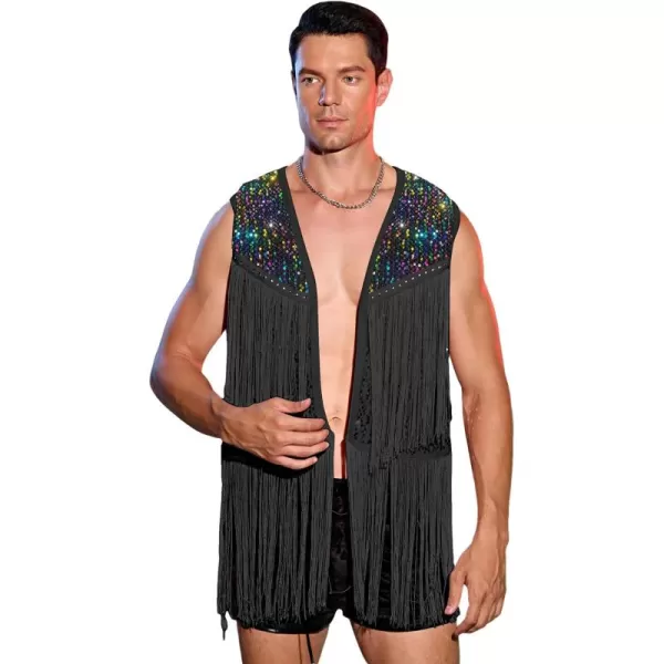 WDIRARA Men's Contrast Sequins Fringe Trim Sleeveless Open Front Party Club Jacket