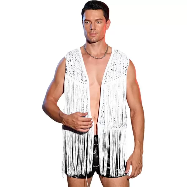 WDIRARA Men's Contrast Sequins Fringe Trim Sleeveless Open Front Party Club Jacket