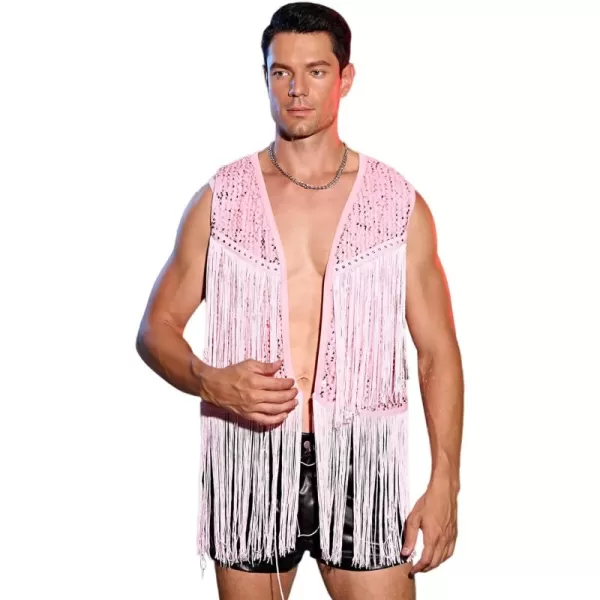 WDIRARA Men's Contrast Sequins Fringe Trim Sleeveless Open Front Party Club Jacket