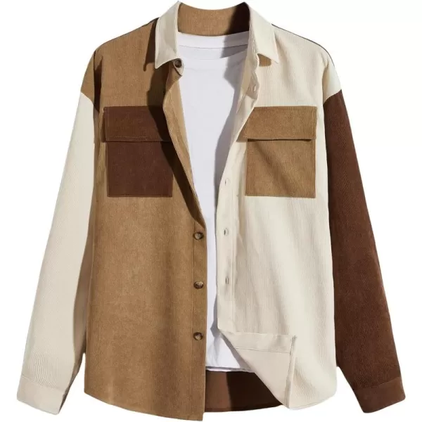 WDIRARA Men's Corduroy Button Down Long Sleeve Colorblock Shirt Collar Tops