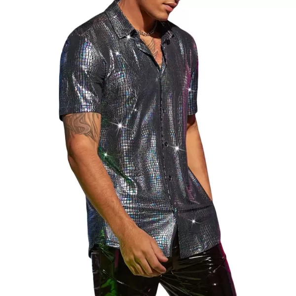 WDIRARA Men's Crocodile Pattern Metallic Button Front Short Sleeve Shirt Party Top