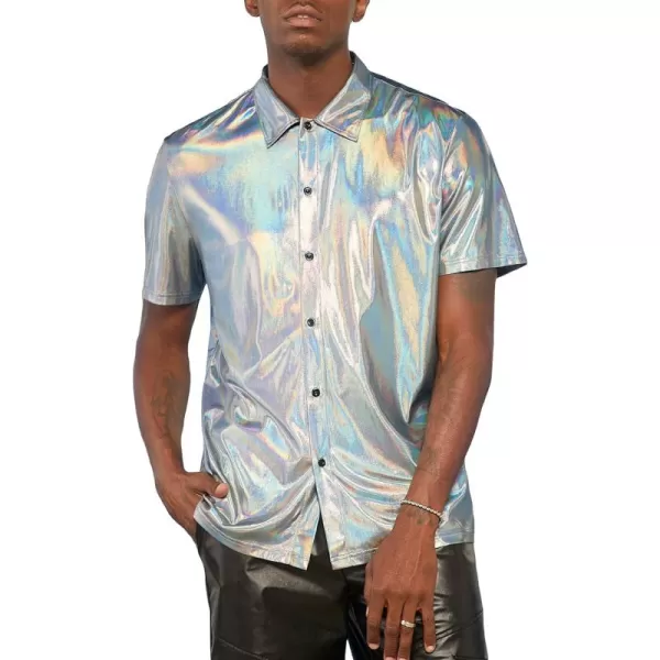WDIRARA Men's Disco Metallic Shirt Short Sleeve Button Up Holographic Party Shirt Top