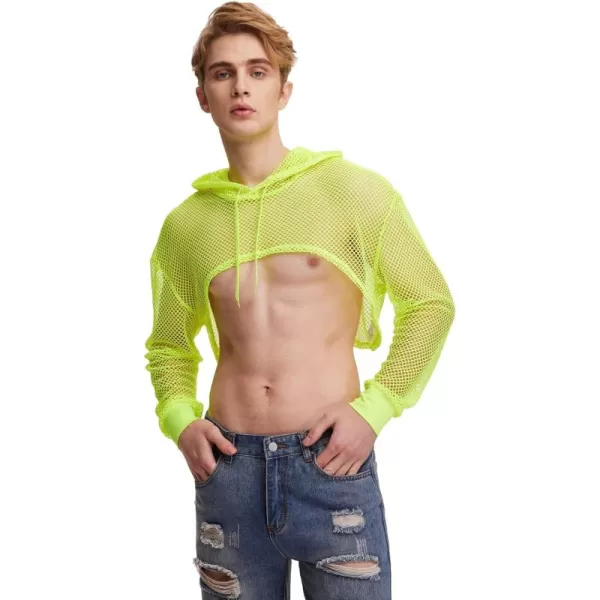 WDIRARA Men's Drawstring Fishnet Mesh Long Sleeve Hoodie Crop Top Pullovers