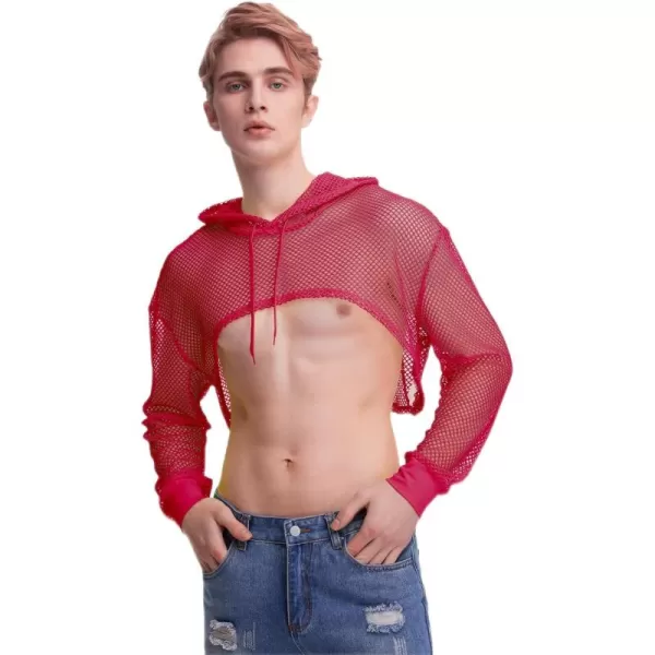 WDIRARA Men's Drawstring Fishnet Mesh Long Sleeve Hoodie Crop Top Pullovers