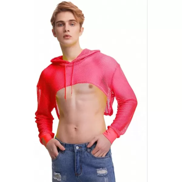 WDIRARA Men's Drawstring Fishnet Mesh Long Sleeve Hoodie Crop Top Pullovers
