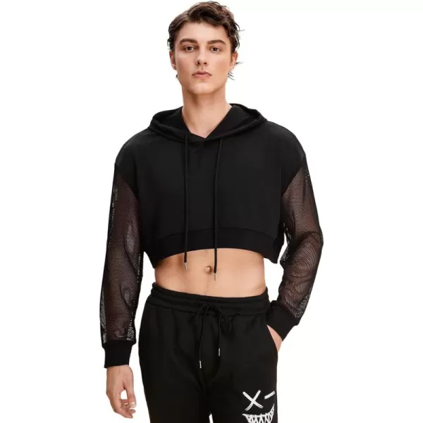 WDIRARA Men's Drawstring Mesh Long Sleeve Hoodie Sweatshirt Pullover Crop Top