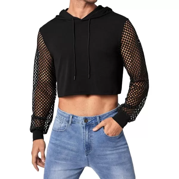 WDIRARA Men's Fishnet Mesh Long SLeeve Drawstring Crop Hoodie Sweatshirt Pullover