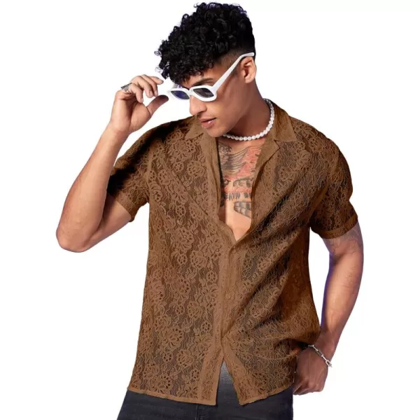 WDIRARA Men's Floral Lace See Through Button Front Short Sleeve Shirt Summer Tee Top