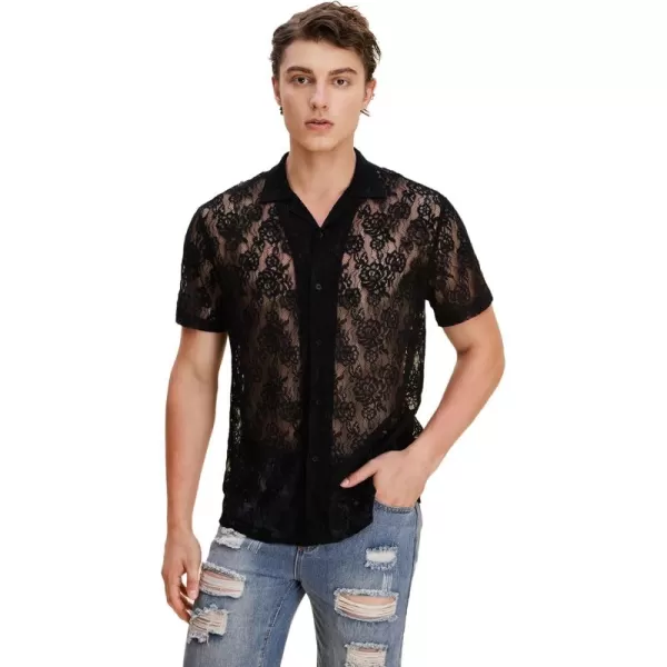 WDIRARA Men's Floral Lace See Through Button Front Short Sleeve Shirt Summer Tee Top