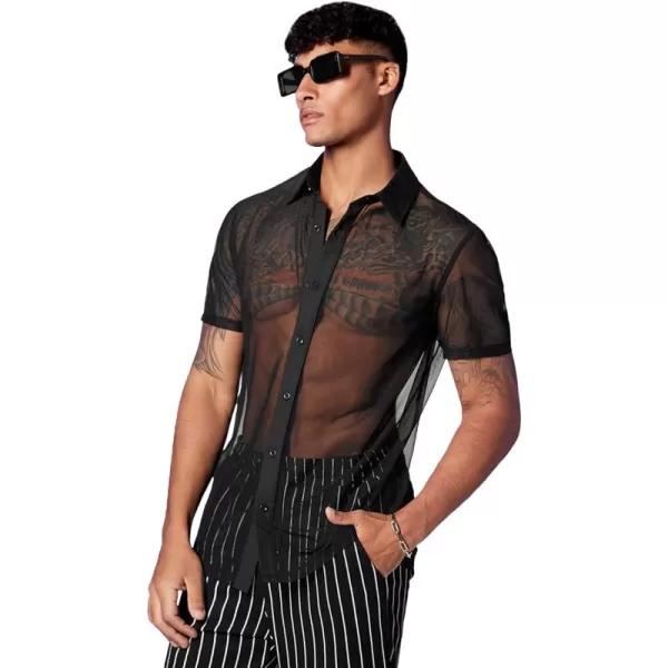 WDIRARA Men's Floral Lace See Through Button Front Short Sleeve Shirt Summer Tee Top
