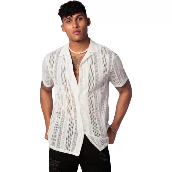WDIRARA Men's Floral Lace See Through Button Front Short Sleeve Shirt Summer Tee Top