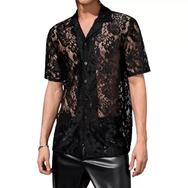 WDIRARA Men's Floral Lace Shirt Contrast Mesh Button Down Shirt Short Sleeve Blouse