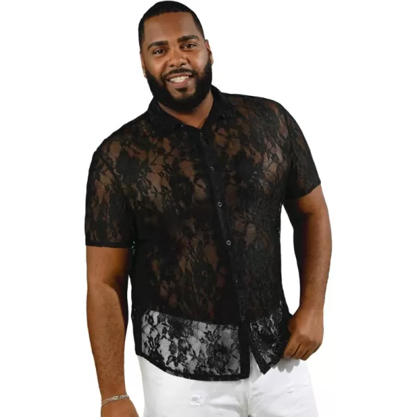 WDIRARA Men's Floral Lace Shirt Contrast Mesh Button Down Shirt Short Sleeve Blouse