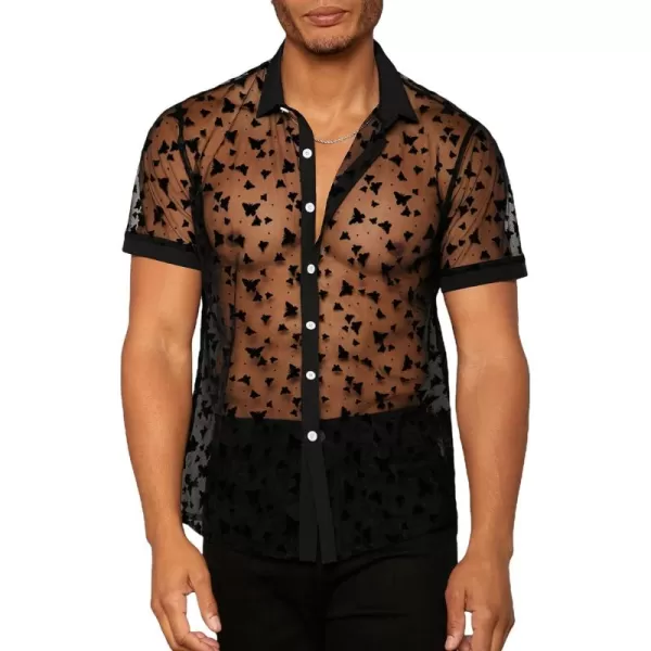 WDIRARA Men's Floral Mesh Tee Top Sheer Round Neck Short Sleeve T Shirts