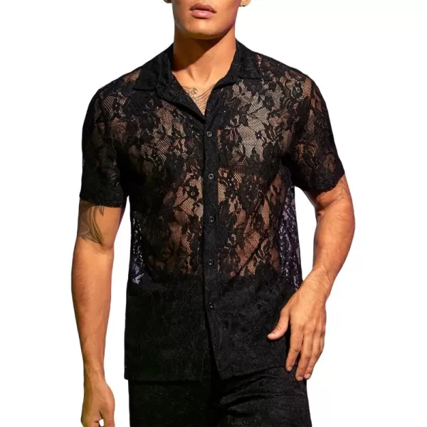 WDIRARA Men's Floral Mesh Tee Top Sheer Round Neck Short Sleeve T Shirts
