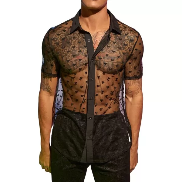 WDIRARA Men's Floral Mesh Tee Top Sheer Round Neck Short Sleeve T Shirts