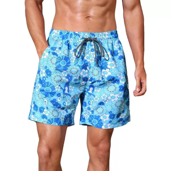 WDIRARA Men's Floral Print Beach Shorts Drawstring Waist Slant Pocket Swim Trunks