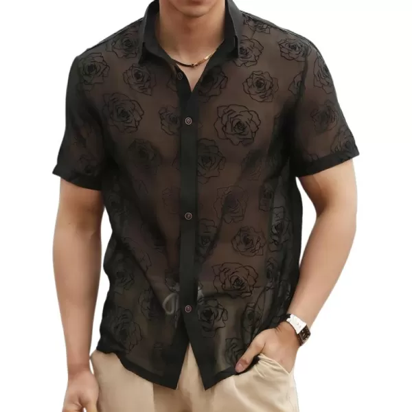 WDIRARA Men's Floral Sheer Mesh See Through Button Up Short Sleeve Collar Party Club Tops Shirt