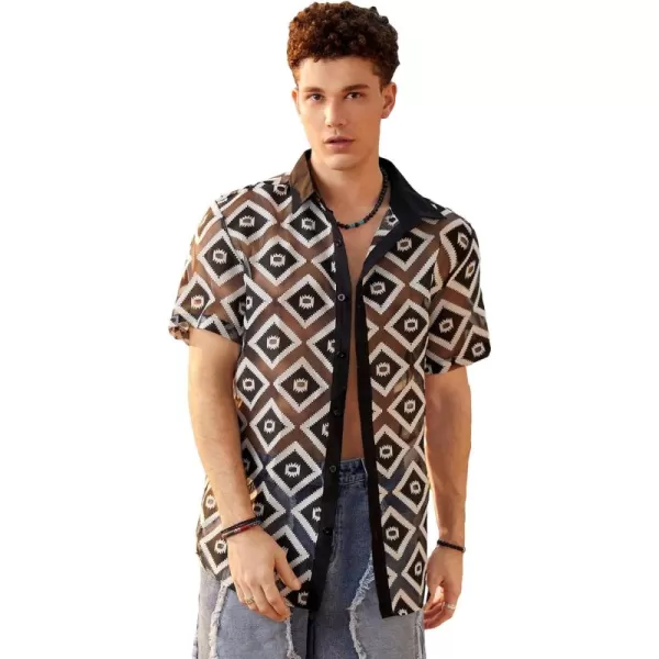 WDIRARA Men's Floral Sheer Mesh See Through Button Up Short Sleeve Collar Party Club Tops Shirt