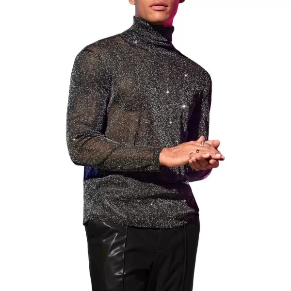 WDIRARA Men's Glitter Mesh Sheer Turtle Neck Long Sleeve See Throught Tee Tops Partywear