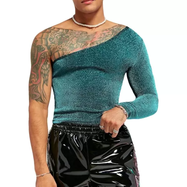 WDIRARA Men's Glitter One Shoulder Long Sleeve Plain T Shirts Panel Casual Tee Top