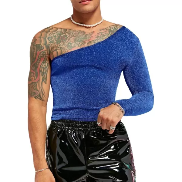WDIRARA Men's Glitter One Shoulder Long Sleeve Plain T Shirts Panel Casual Tee Top