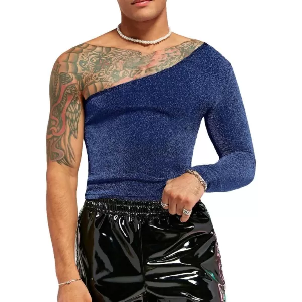 WDIRARA Men's Glitter One Shoulder Long Sleeve Plain T Shirts Panel Casual Tee Top