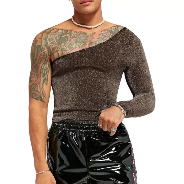 WDIRARA Men's Glitter One Shoulder Long Sleeve Plain T Shirts Panel Casual Tee Top