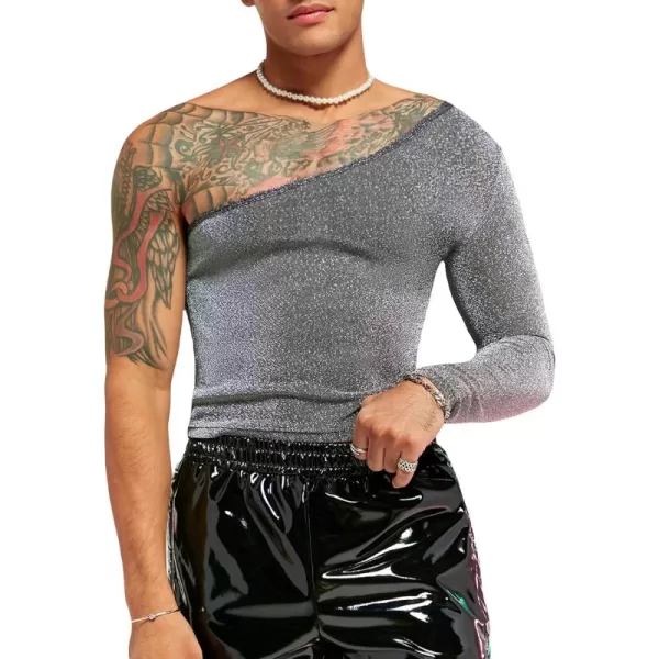 WDIRARA Men's Glitter One Shoulder Long Sleeve Plain T Shirts Panel Casual Tee Top