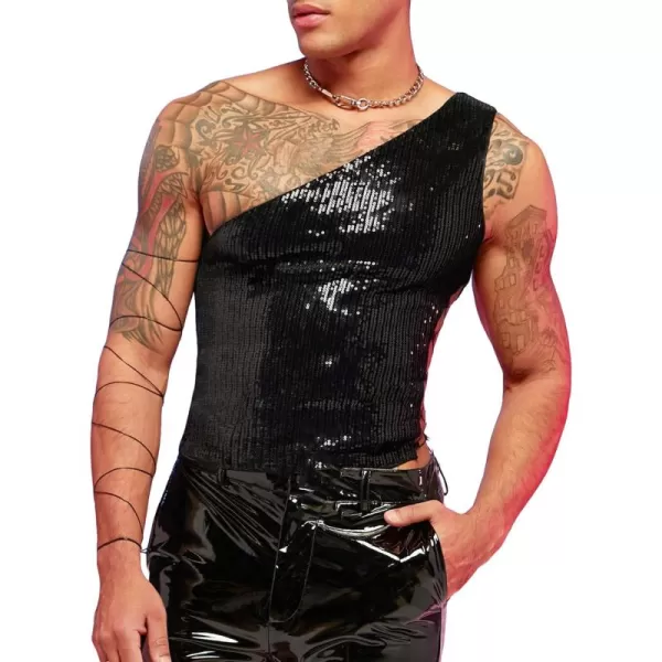 WDIRARA Men's Glitter One Shoulder Long Sleeve Plain T Shirts Panel Casual Tee Top