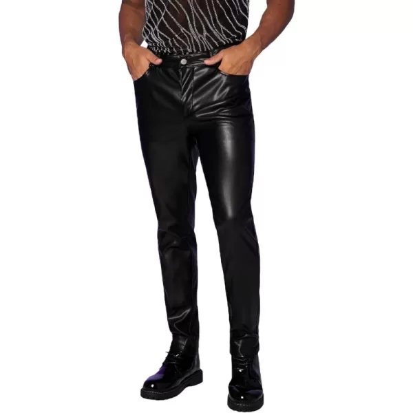 WDIRARA Men's High Waist Button PU Leather Party Skinny Pants with Pocket