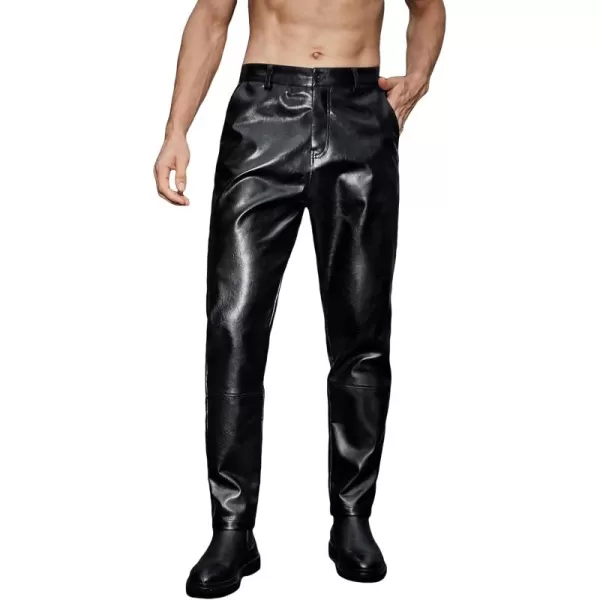 WDIRARA Men's High Waisted PU Leather Zipper Fly Solid Tapered Pants with Pockets