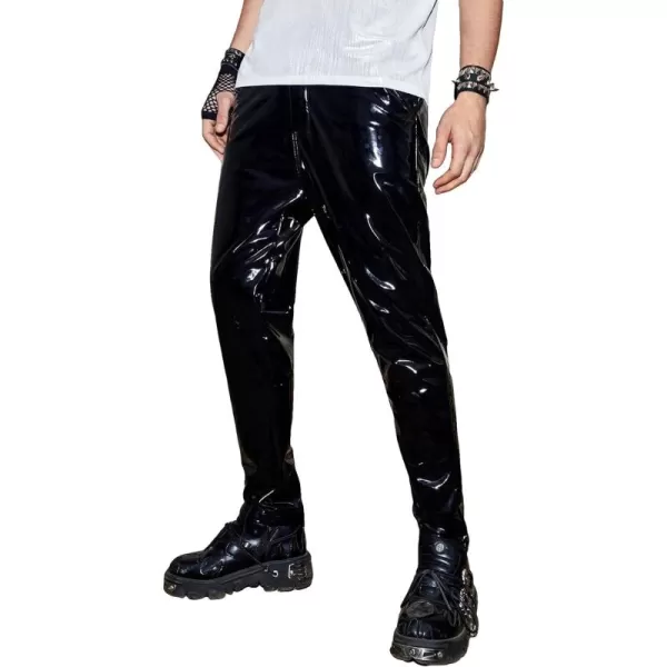 WDIRARA Men's High Waisted PU Leather Zipper Fly Solid Tapered Pants with Pockets