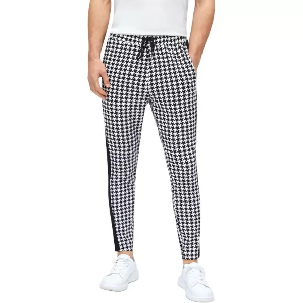WDIRARA Men's Houndstooth Print Drawstring Tie Front Joggers Tapered Casual Long Pants