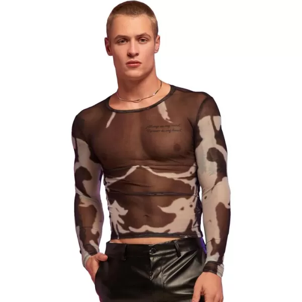 WDIRARA Men's Mesh Sheer Graphic Print Long Sleeve Tee Casual Crewneck Party Shirts
