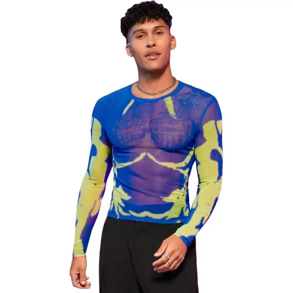 WDIRARA Men's Mesh Sheer Graphic Print Long Sleeve Tee Casual Crewneck Party Shirts