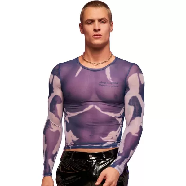 WDIRARA Men's Mesh Sheer Graphic Print Long Sleeve Tee Casual Crewneck Party Shirts